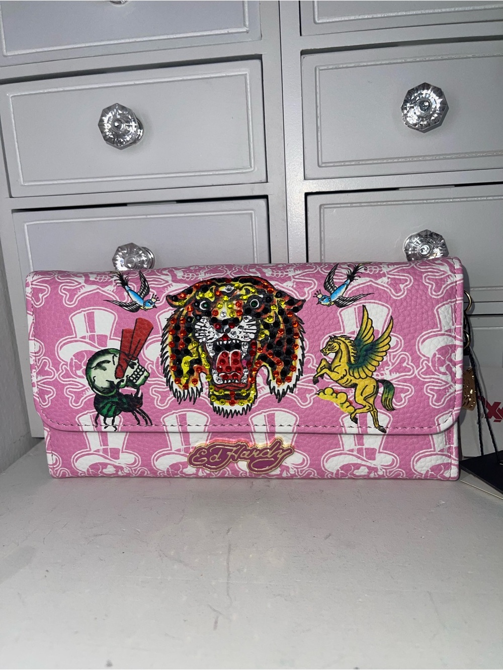 NWT Ed Hardy Pink Tattoo-Print Jeweled Tiger Clutch/Wallet